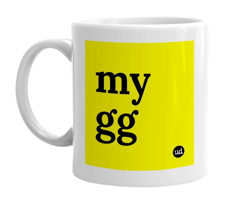 White mug with 'my gg' in bold black letters