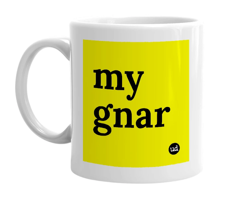 White mug with 'my gnar' in bold black letters