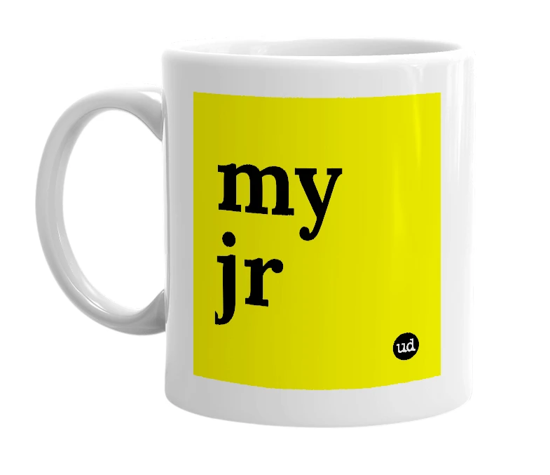 White mug with 'my jr' in bold black letters