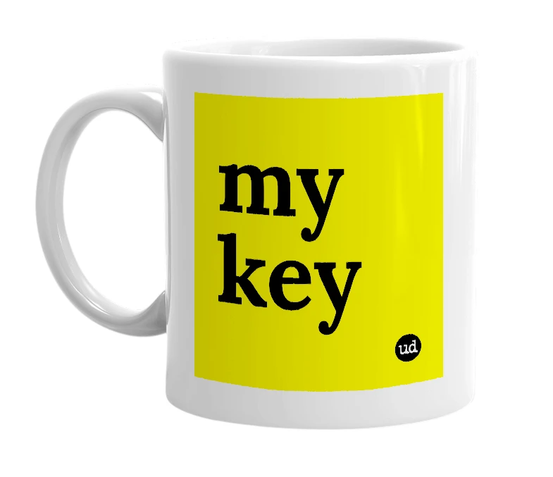 White mug with 'my key' in bold black letters