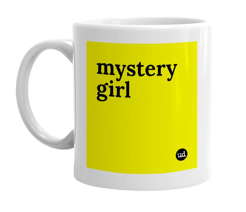 White mug with 'mystery girl' in bold black letters