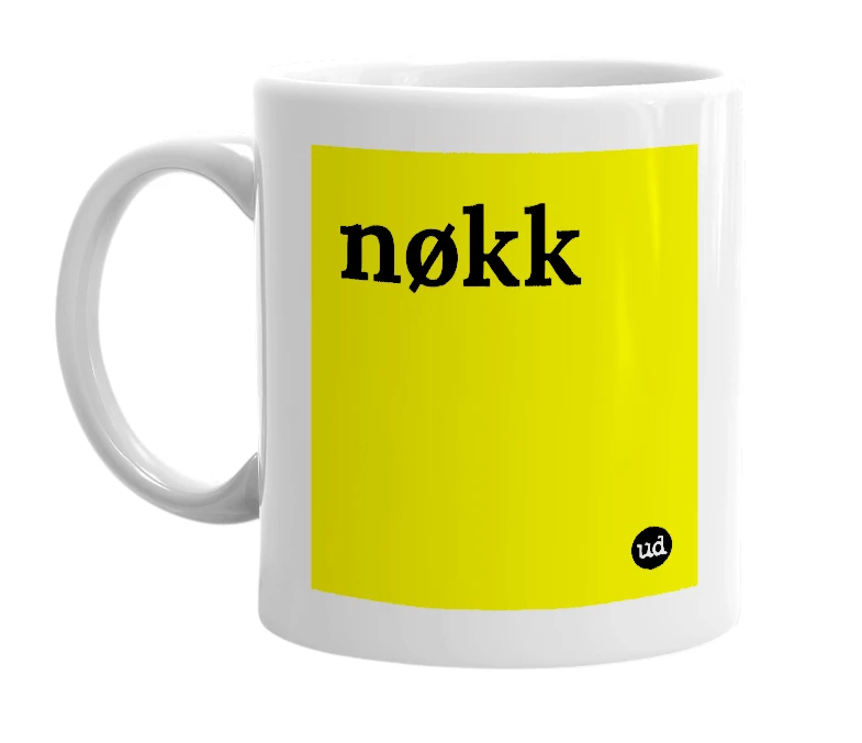 White mug with 'nøkk' in bold black letters