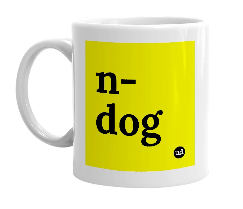 White mug with 'n-dog' in bold black letters