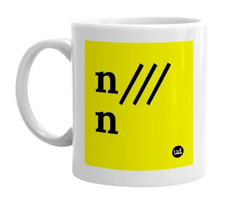 White mug with 'n///n' in bold black letters