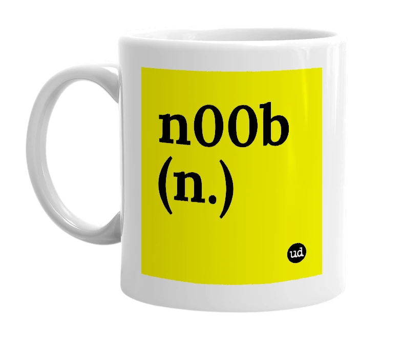 White mug with 'n00b (n.)' in bold black letters