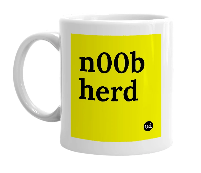 White mug with 'n00b herd' in bold black letters