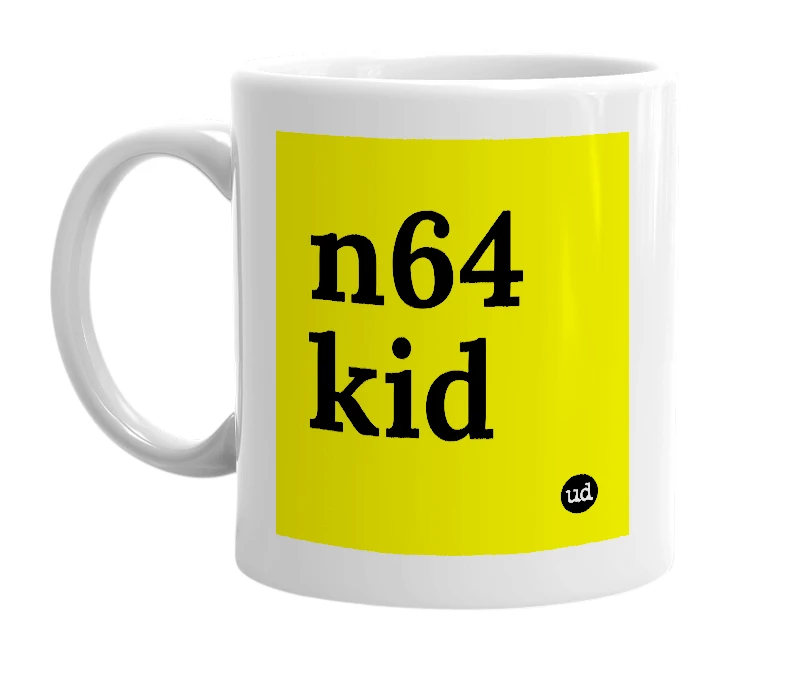 White mug with 'n64 kid' in bold black letters