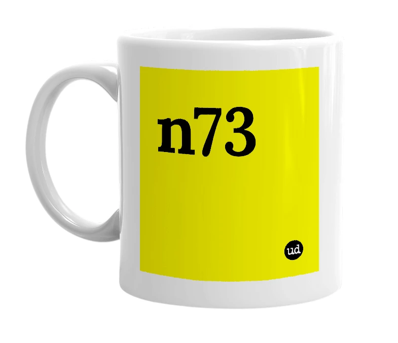 White mug with 'n73' in bold black letters