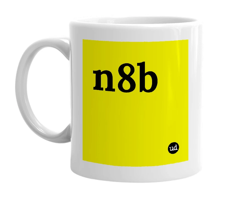 White mug with 'n8b' in bold black letters