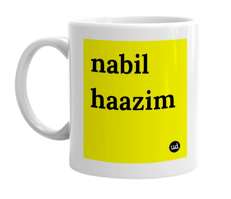 White mug with 'nabil haazim' in bold black letters
