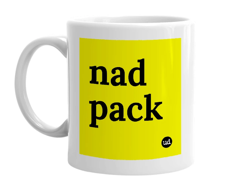 White mug with 'nad pack' in bold black letters