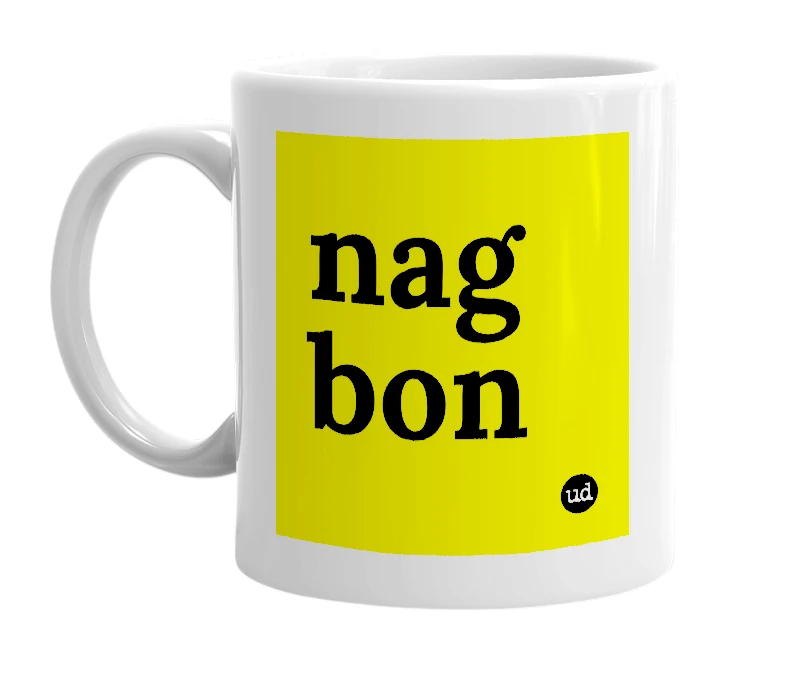 White mug with 'nag bon' in bold black letters