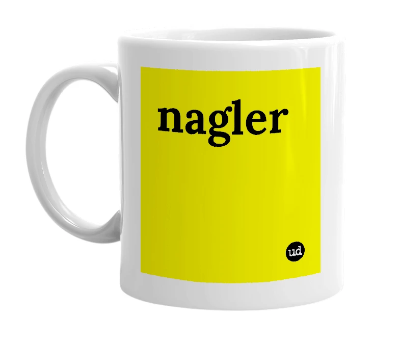 White mug with 'nagler' in bold black letters