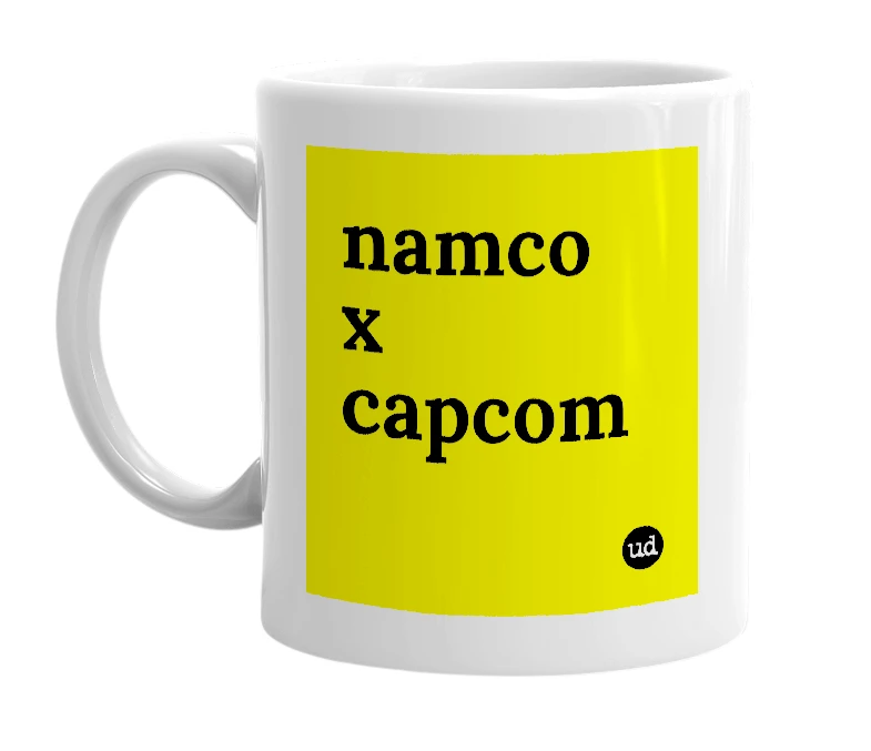 White mug with 'namco x capcom' in bold black letters