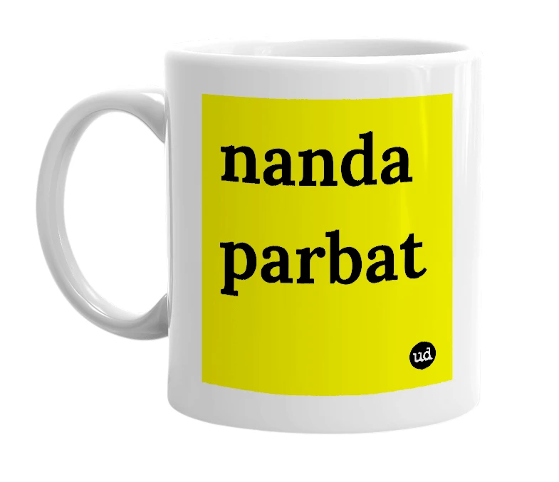 White mug with 'nanda parbat' in bold black letters