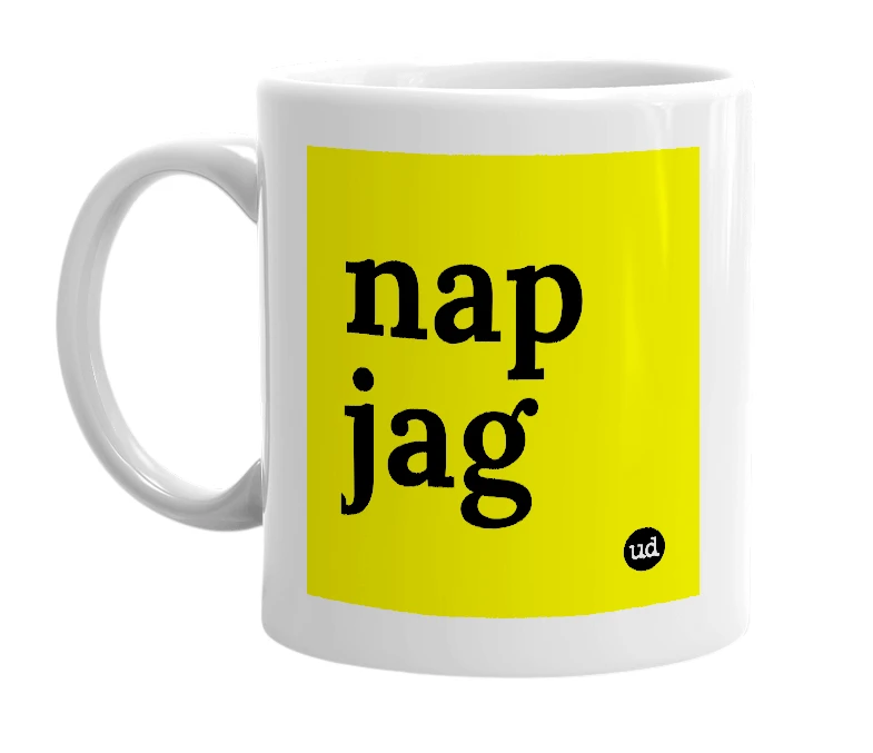 White mug with 'nap jag' in bold black letters