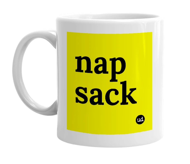 White mug with 'nap sack' in bold black letters