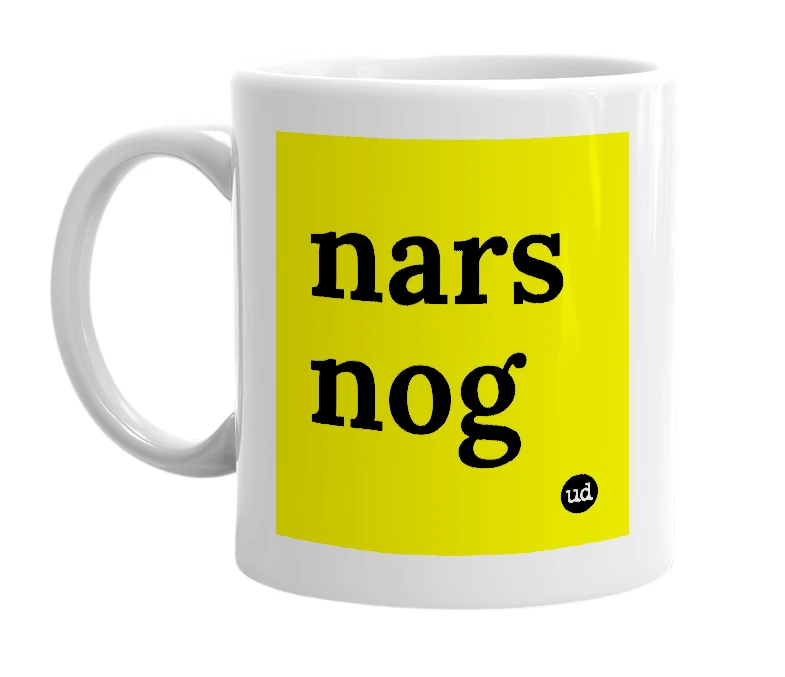White mug with 'nars nog' in bold black letters
