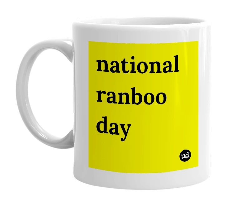White mug with 'national ranboo day' in bold black letters