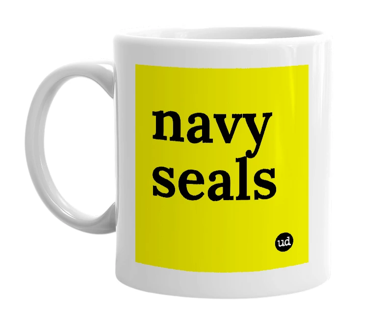 White mug with 'navy seals' in bold black letters