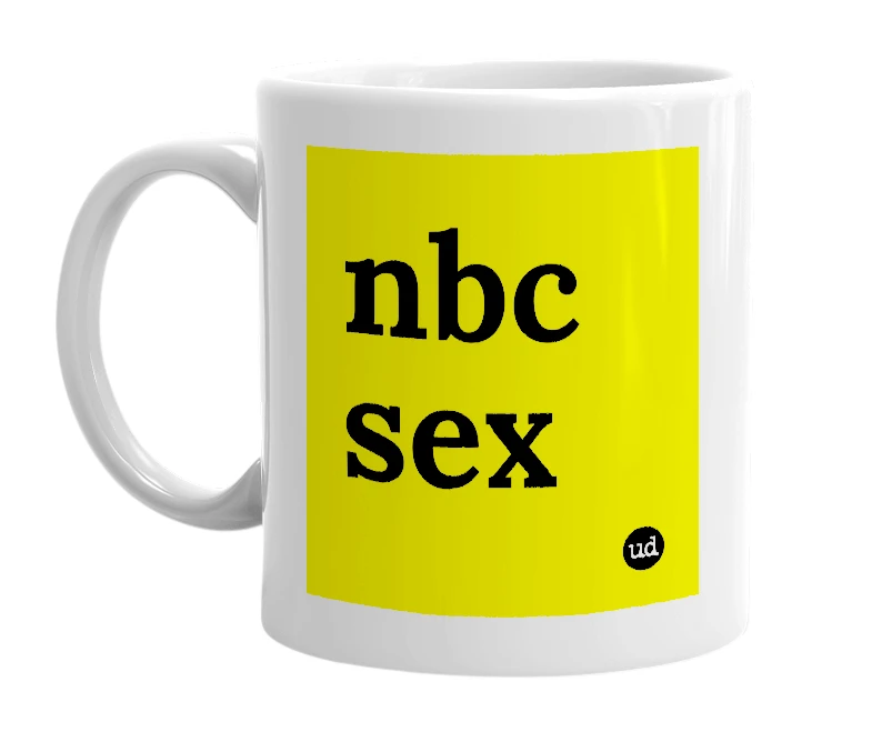 White mug with 'nbc sex' in bold black letters