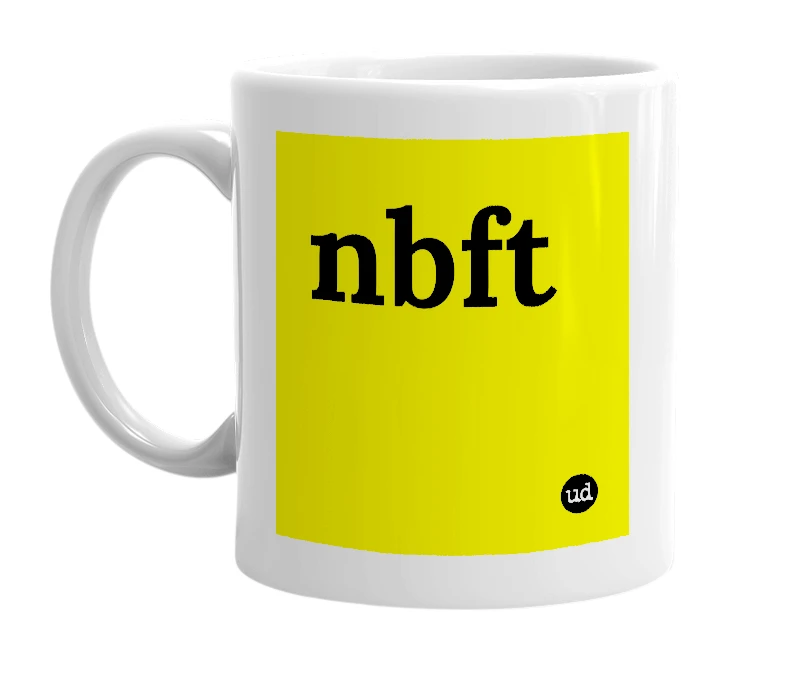 White mug with 'nbft' in bold black letters