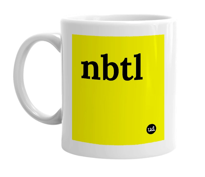 White mug with 'nbtl' in bold black letters