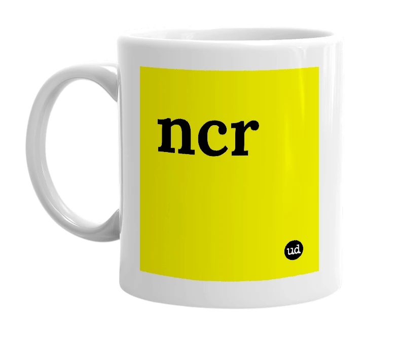 White mug with 'ncr' in bold black letters