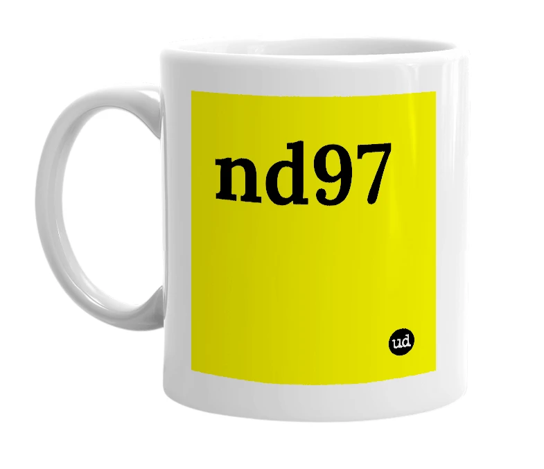 White mug with 'nd97' in bold black letters