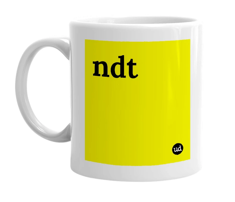 White mug with 'ndt' in bold black letters