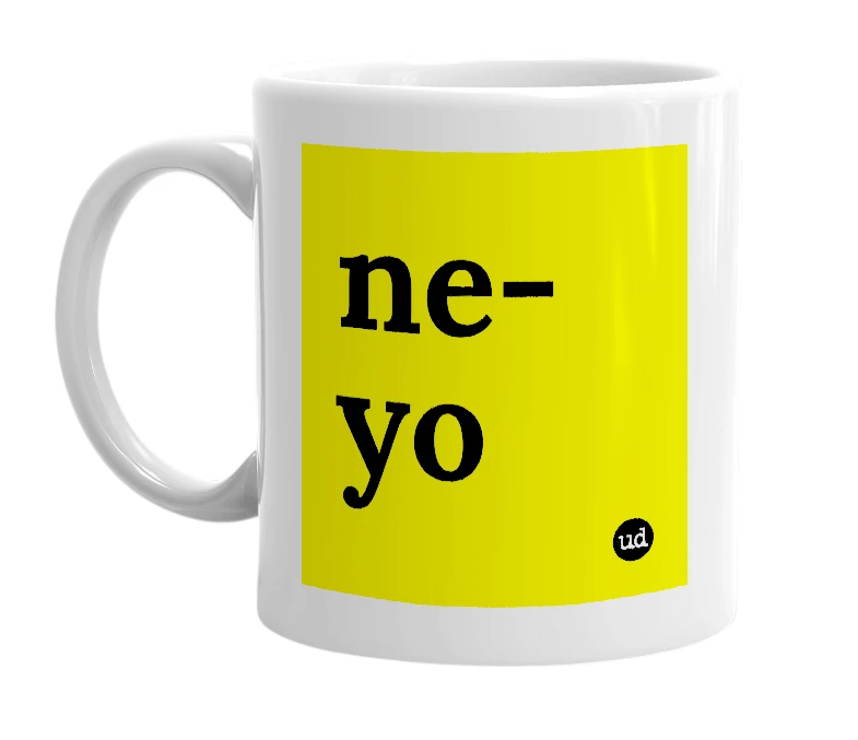 White mug with 'ne-yo' in bold black letters