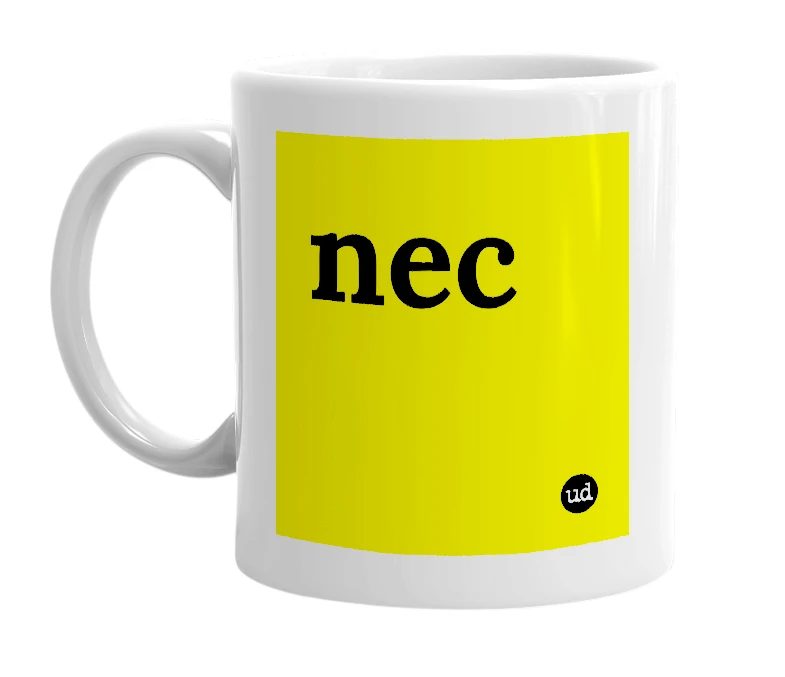 White mug with 'nec' in bold black letters