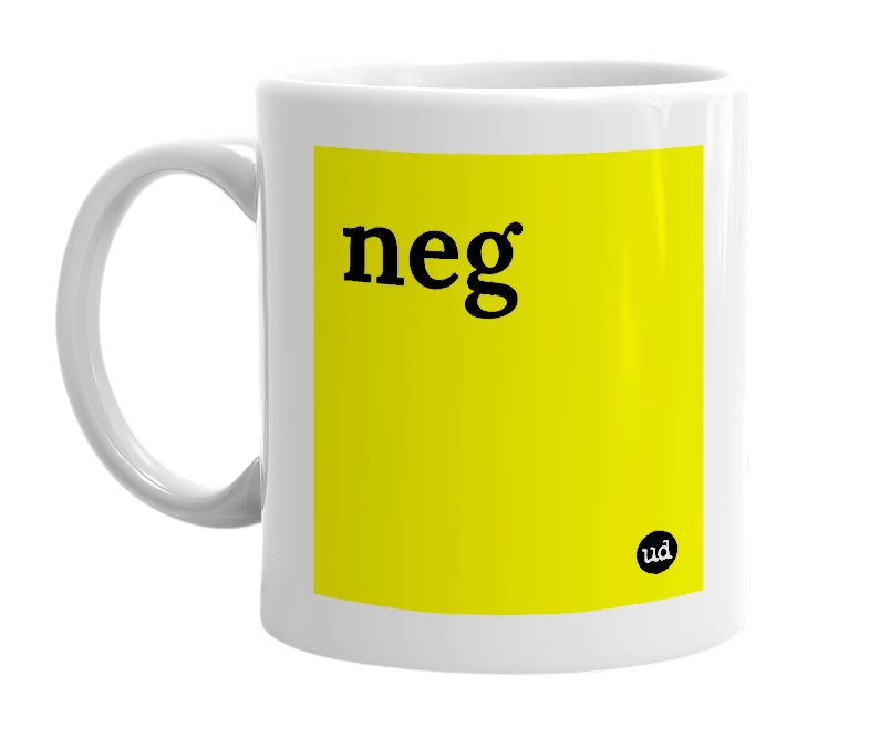 White mug with 'neg' in bold black letters