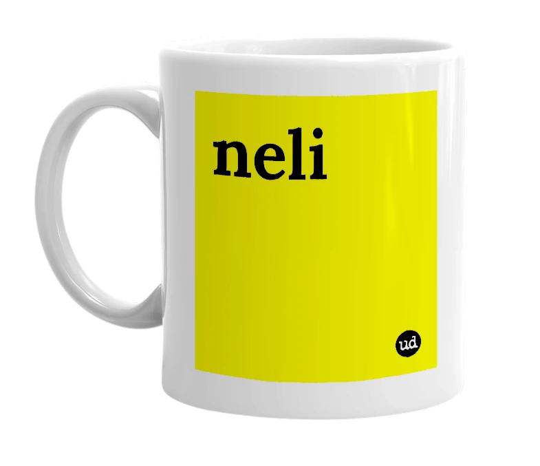 White mug with 'neli' in bold black letters