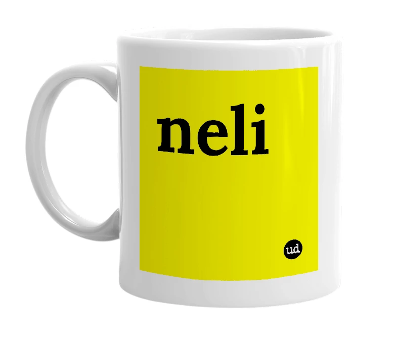 White mug with 'neli' in bold black letters