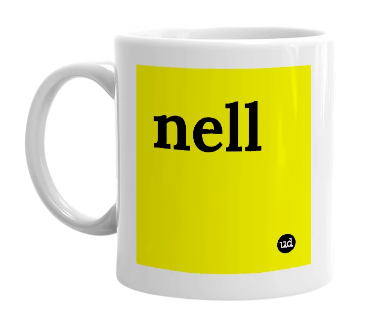 White mug with 'nell' in bold black letters