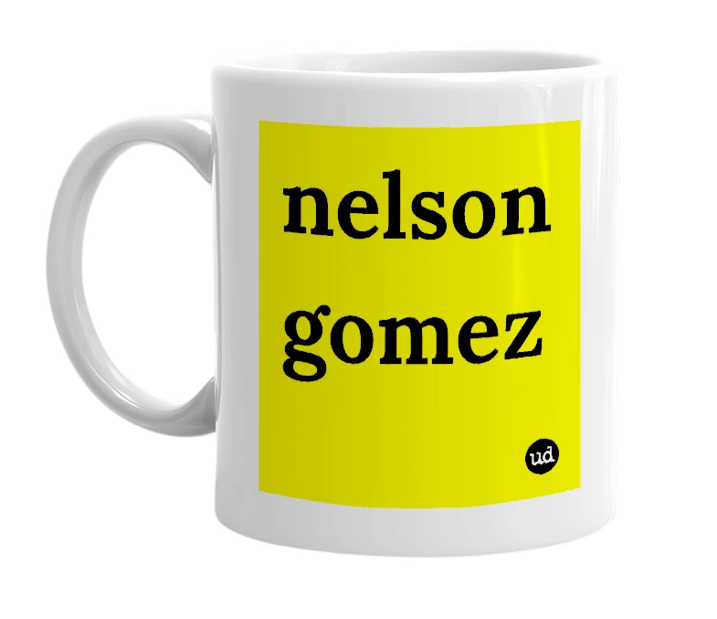 White mug with 'nelson gomez' in bold black letters