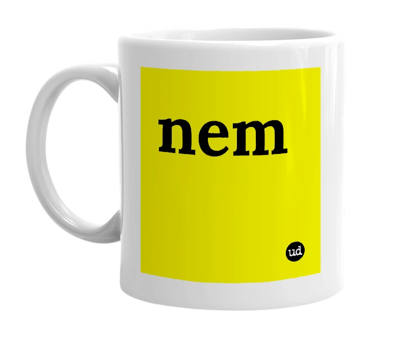 White mug with 'nem' in bold black letters