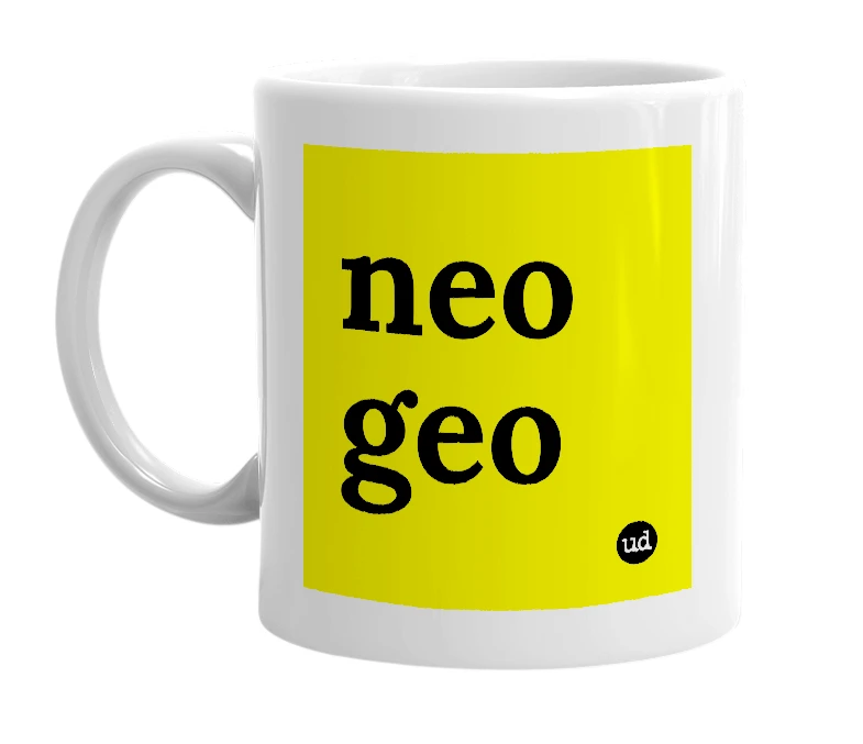 White mug with 'neo geo' in bold black letters