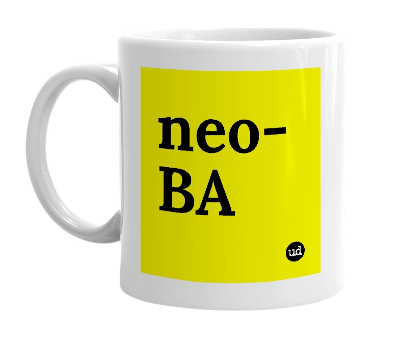 White mug with 'neo-BA' in bold black letters