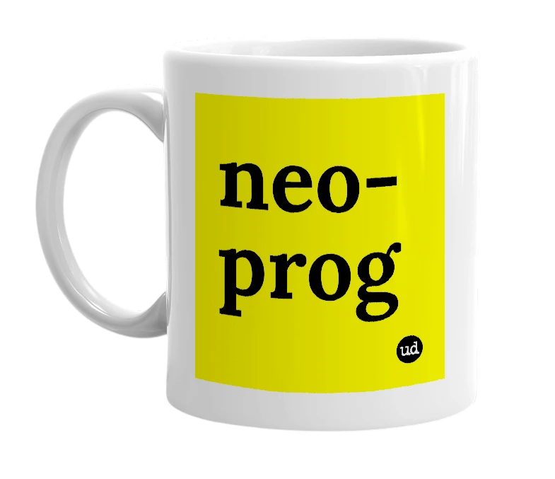 White mug with 'neo-prog' in bold black letters