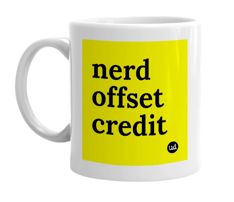 White mug with 'nerd offset credit' in bold black letters