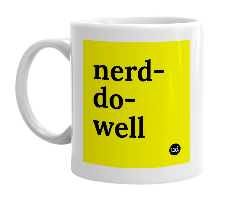 White mug with 'nerd-do-well' in bold black letters