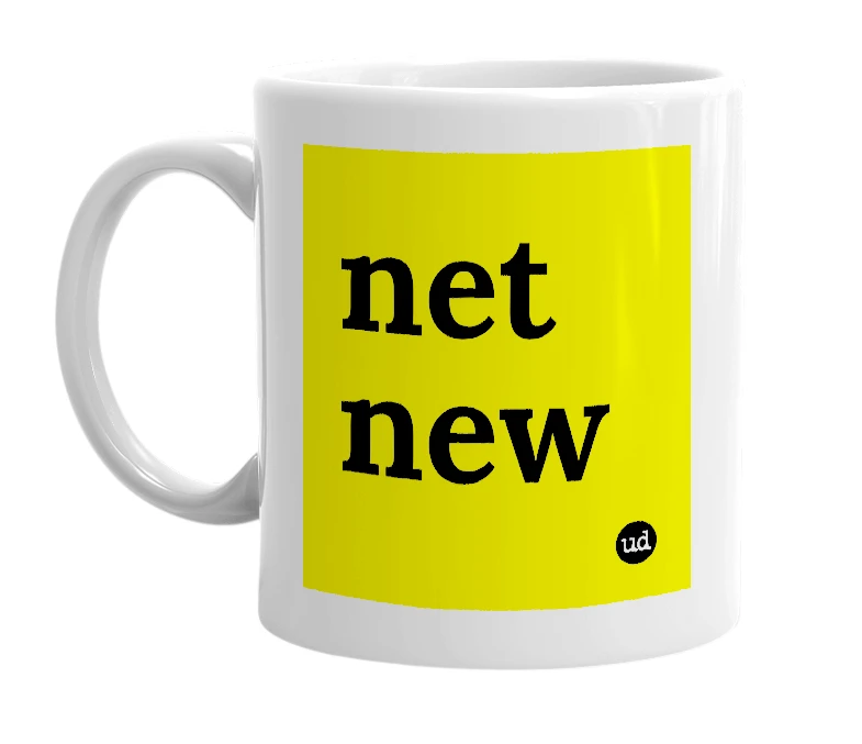 White mug with 'net new' in bold black letters