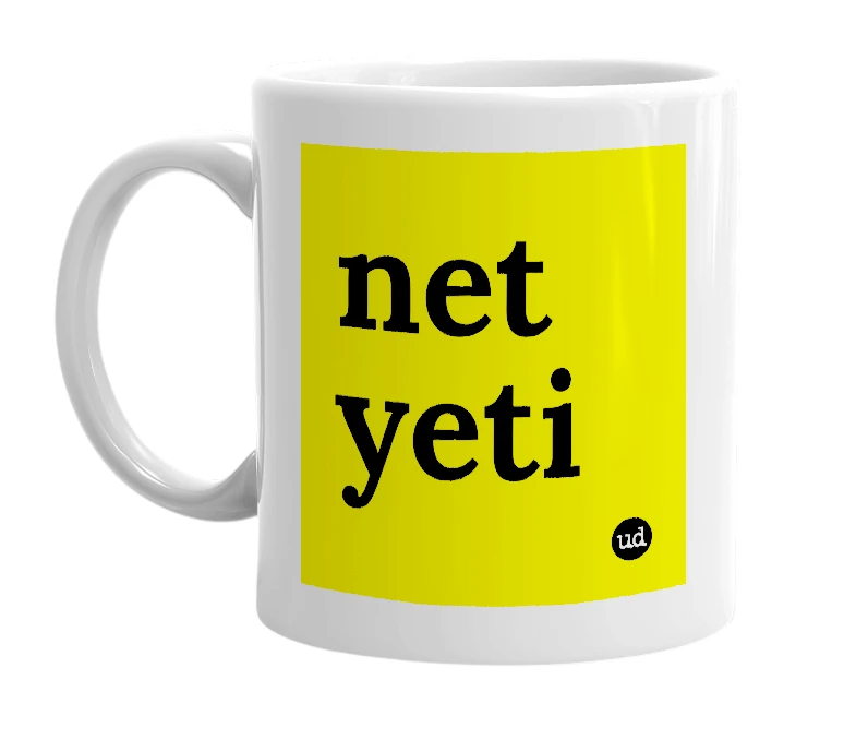 White mug with 'net yeti' in bold black letters
