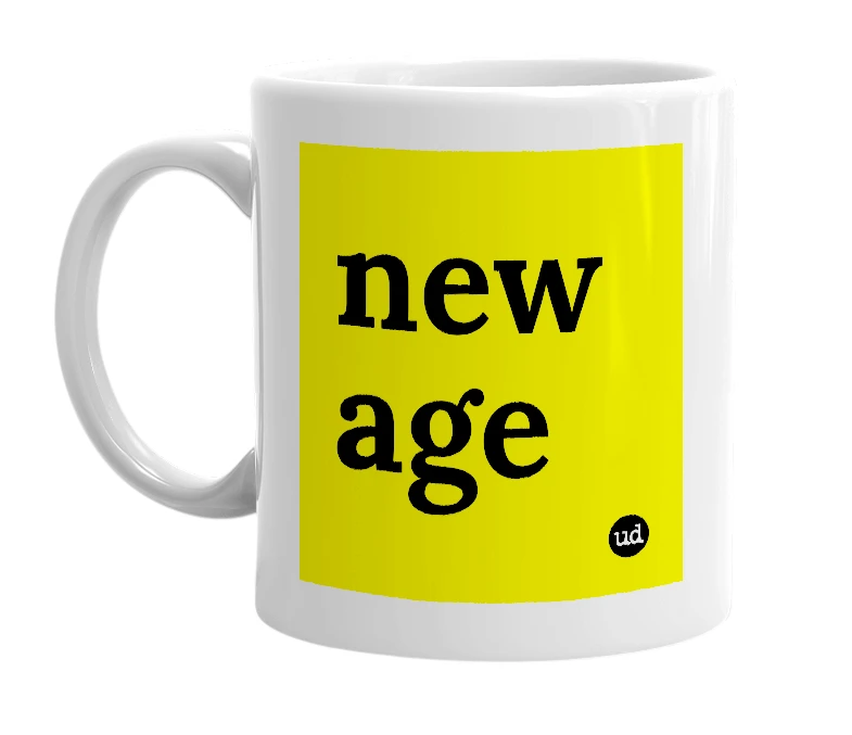 White mug with 'new age' in bold black letters