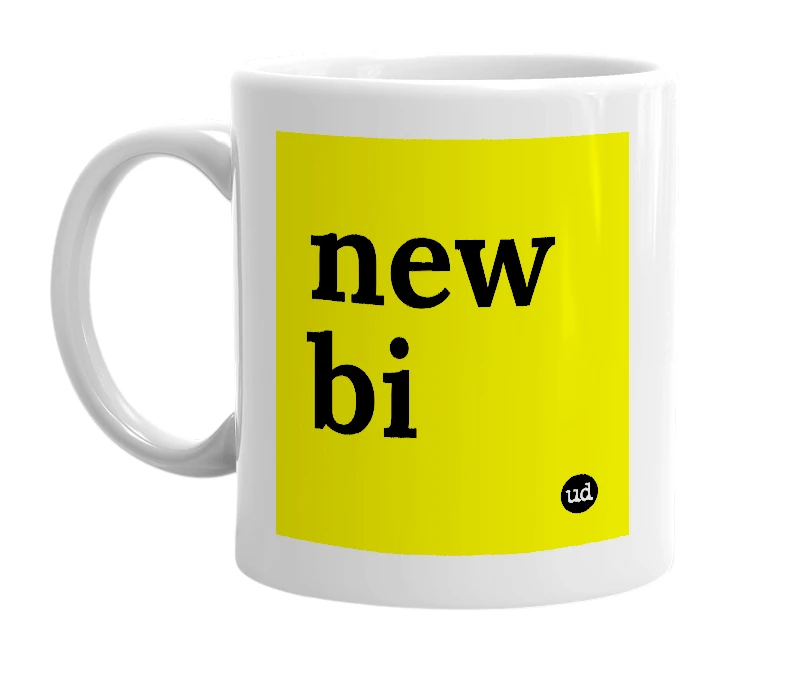 White mug with 'new bi' in bold black letters