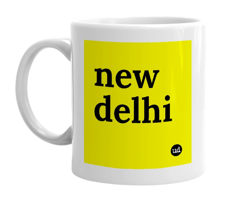 White mug with 'new delhi' in bold black letters