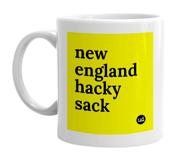 White mug with 'new england hacky sack' in bold black letters