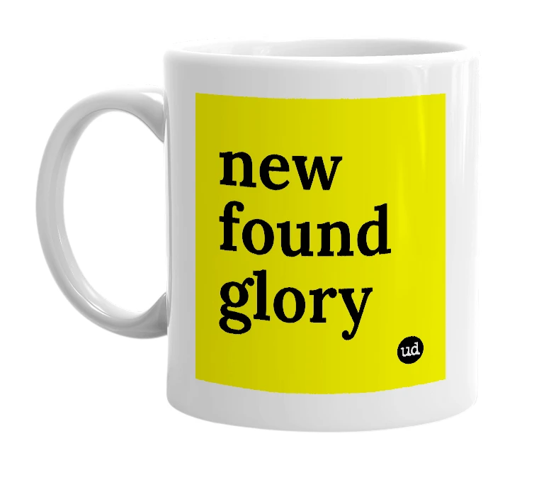 White mug with 'new found glory' in bold black letters